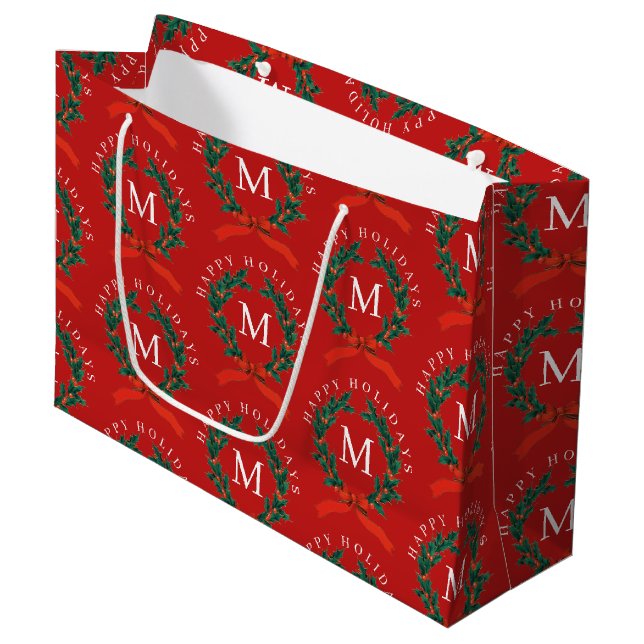 Personalisiert Happy Holidays Red Monogram Wreath Große Geschenktüte (Vorderseite Schrägansicht)