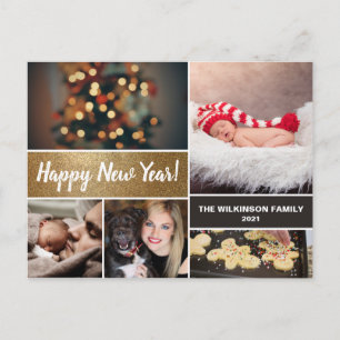 Personalisiert Happy New Year Gold Foto Collage Feiertagspostkarte