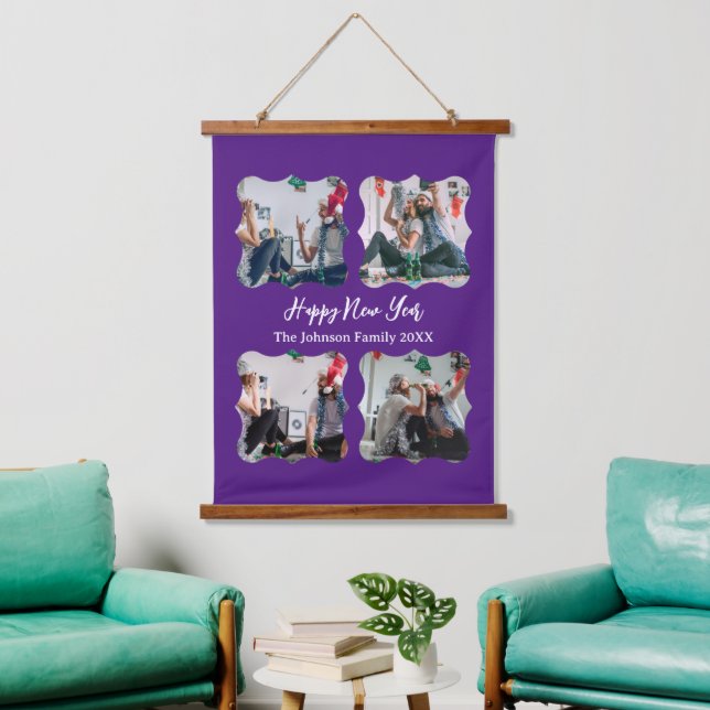 Personalisiert Happy New Year Script 4 Collage Fot Wandteppich Mit Holzrahmen (Wohnzimmer)