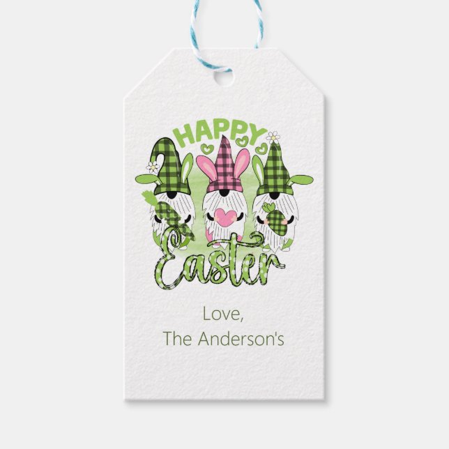 Personalisiert Happy Oaster Gnomes Pink Green Geschenkanhänger (Vorderseite)