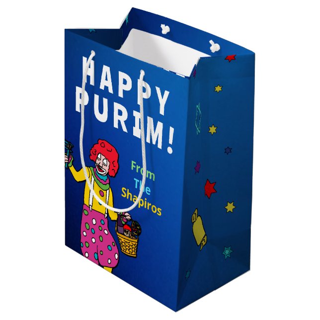 Personalisiert Happy Purim! Mittlere Geschenktüte (Rückseite Schrägansicht)