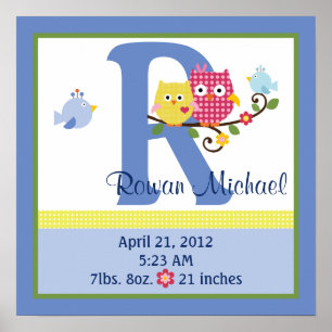 Personalisiert Happy Tree/Owls 2 Birth Info Poster