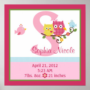 Personalisiert Happy Tree/Owls Birth Info Poster