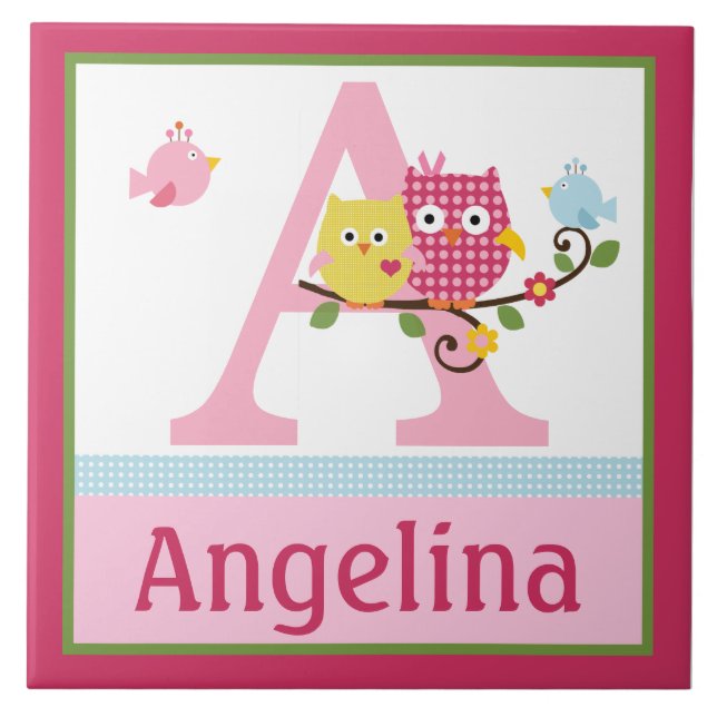 Personalisiert Happy Tree Owls Letter Name Tile Fliese (Vorderseite)