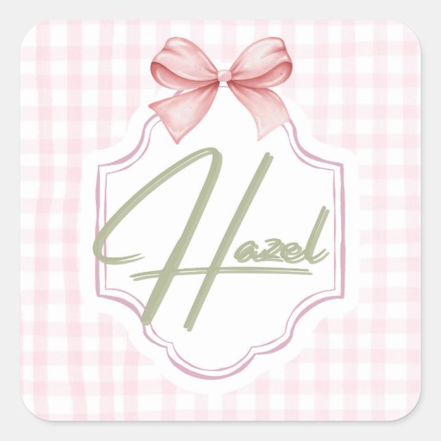 Personalisiert Hazel Baby Girl Kinderzimmer Bow&Gi Quadratischer Aufkleber (Vorderseite)