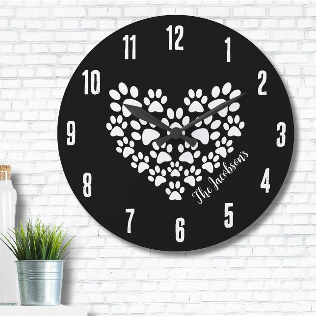 Personalisiert Heart Paw Prints Große Wanduhr (Personalized Cute Black White Paw Print Heart Large Clock)