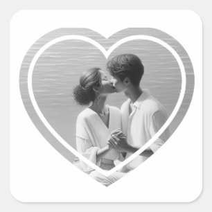 Personalisiert herz-förmige Foto-Hochzeit Quadratischer Aufkleber