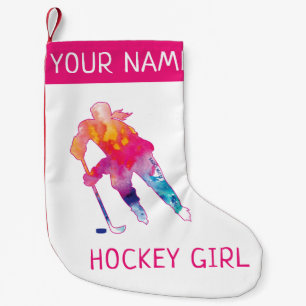 Personalisiert Hockey Girl Player Wasserfarbe Rosa Kleiner Weihnachtsstrumpf