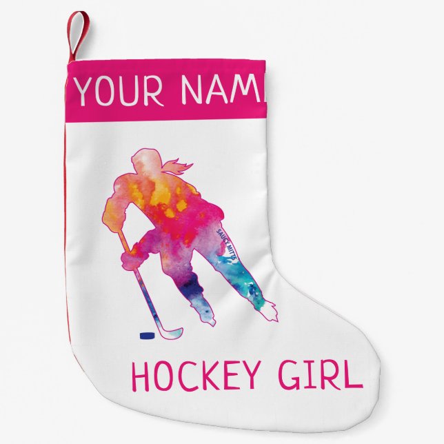 Personalisiert Hockey Girl Player Wasserfarbe Rosa Kleiner Weihnachtsstrumpf (Vorderseite)