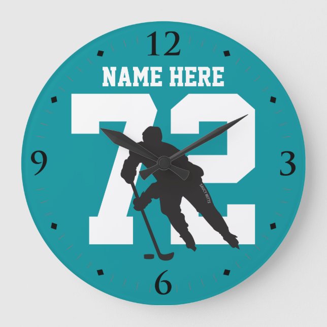 Personalisiert Hockey Player Name Number Shark Aqu Große Wanduhr (Vorderseite)