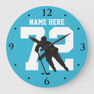Personalisiert Hockey Player Name Number Shark Blu Große Wanduhr