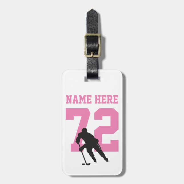 Personalisiert Hockey Player Name Nummer Pink Girl Gepäckanhänger (Vorderseite vertikal)
