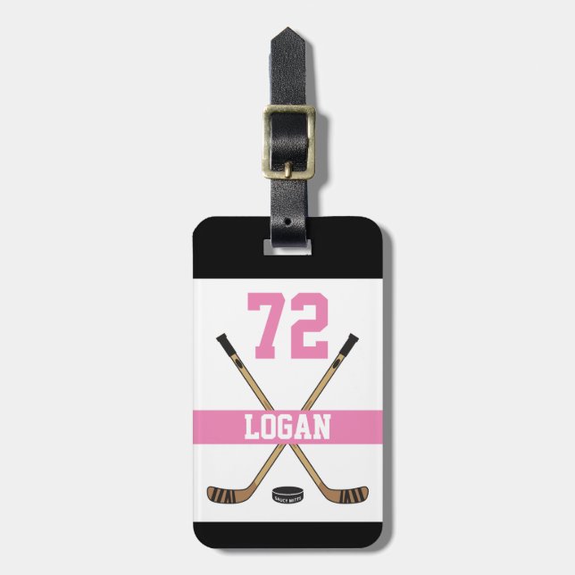 Personalisiert Hockey Player Name Nummer Pink Girl Gepäckanhänger (Vorderseite vertikal)