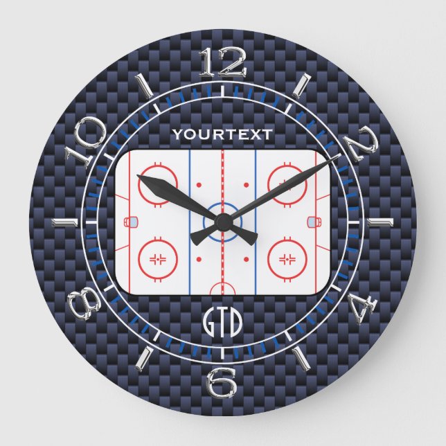 Personalisiert Hockey Rink Diagramm Blue Carbon St Große Wanduhr (Vorderseite)