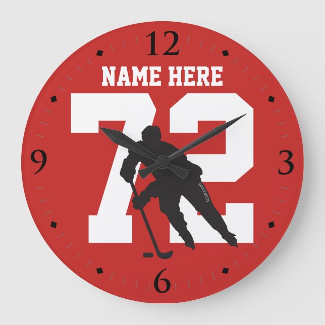 Personalisiert Hockey-Spielernummer in Red Große Wanduhr (Vorderseite)