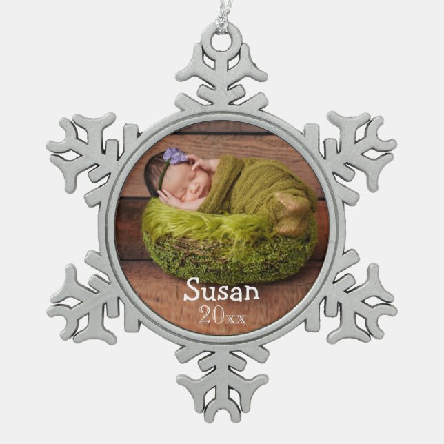 Personalisiert Holiday Foto Weihnachtsschmuck Schneeflocken Zinn-Ornament (Vorderseite)