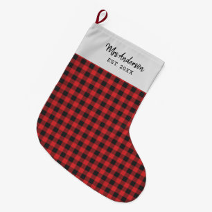 Personalisiert Holiday Gingham Black Red Rustic Großer Weihnachtsstrumpf