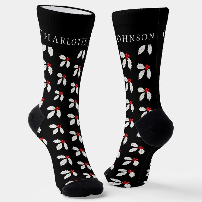 Personalisiert Holly Berry Black & White Christmas Socken (Gewinkelt)