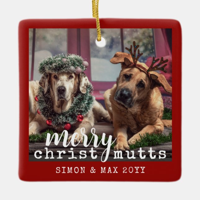 Personalisiert Hunde Foto Niedlich Rotes Weihnacht Keramikornament (Vorderseite)
