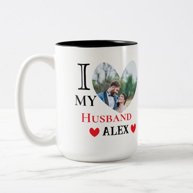 Personalisiert I Liebe Mein Husband Herz Foto Zweifarbige Tasse (Links)