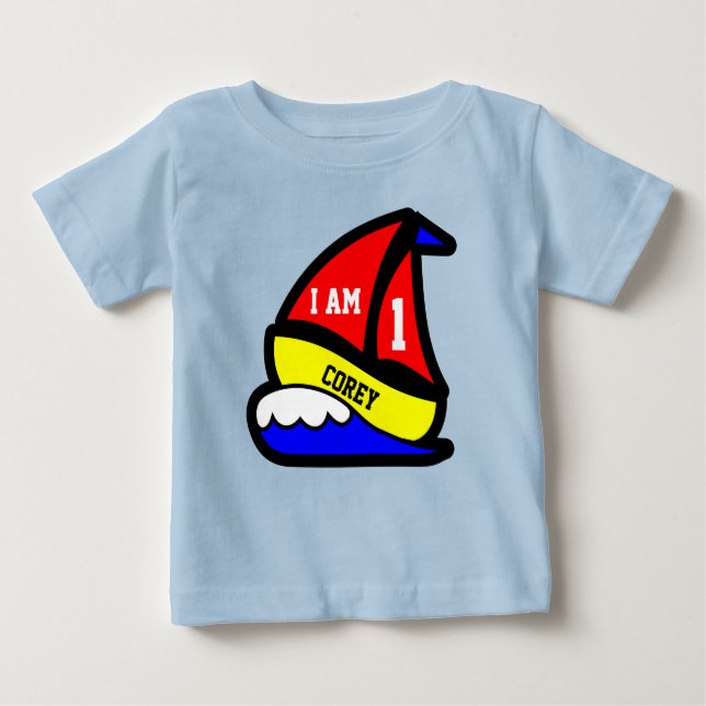 Personalisiert "ich bin 1" mit rotem gesegeltem baby t-shirt (Vorderseite)