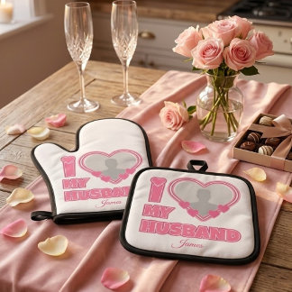 Personalisiert Ich liebe meinen Mann – Foto & Name Ofenhandschuh & Topflappen-Set