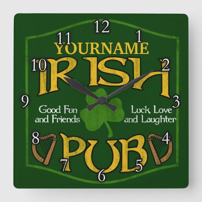Personalisiert Irish Pub Sign Quadratische Wanduhr (Vorderseite)
