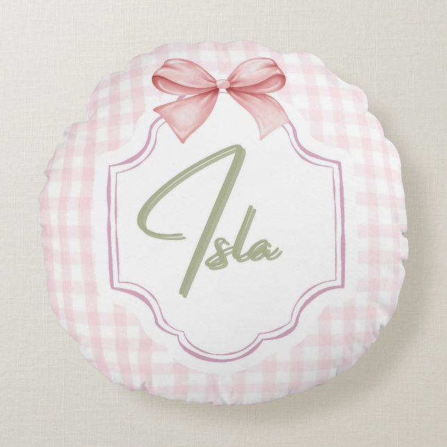Personalisiert Isla Baby Girl Kinderzimmer Bow&Gin Rundes Kissen (Vorderseite)