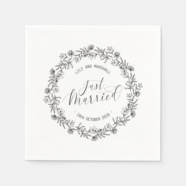 Personalisiert Just Married Floral | Serviette (Vorderseite)
