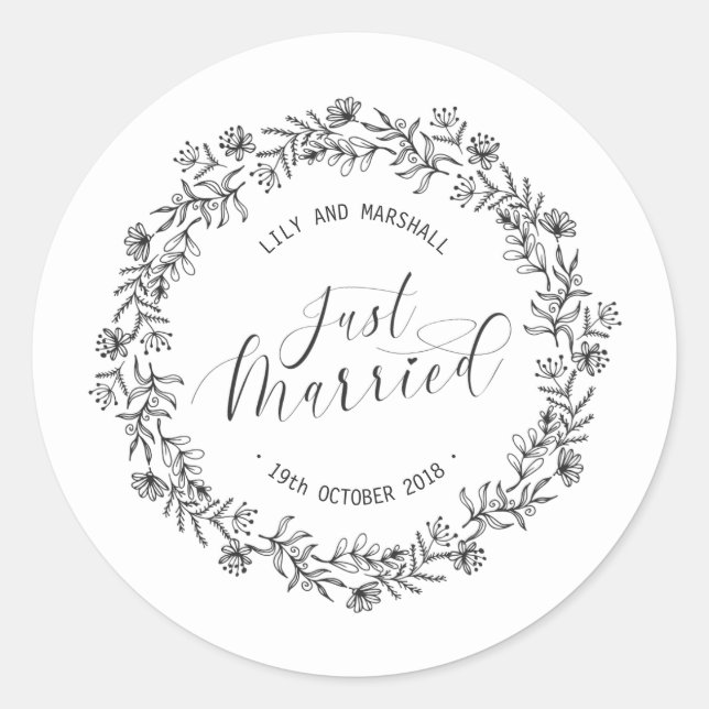 Personalisiert Just Married Floral | SIEGEL Runder Aufkleber (Vorderseite)