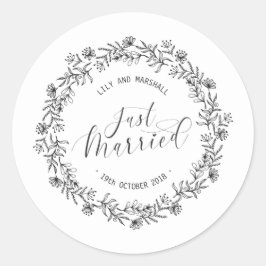 Personalisiert Just Married Floral | SIEGEL Runder Aufkleber