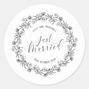Personalisiert Just Married Floral SIEGEL Runder Aufkleber