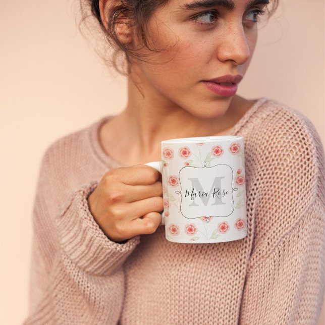 Personalisiert Kaffeetasse (Pink floral monogram custom mug. )