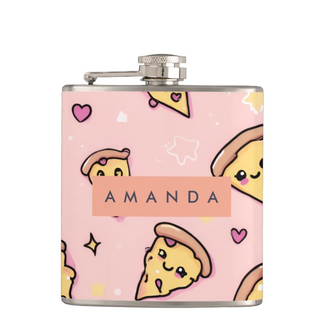 Personalisiert Kawaii Fun Pizza Slice Muster Flachmann (Vorderseite)