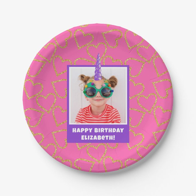 Personalisiert Kid Foto Happy Birthday Unicorn Pappteller (Vorderseite)