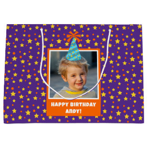 Personalisiert Kid Foto Happy Birthday w/ Blue Hat Große Geschenktüte