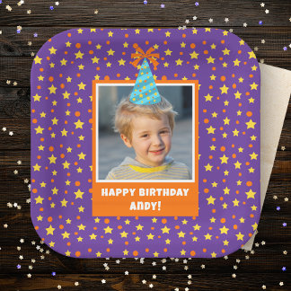 Personalisiert Kid Foto Happy Birthday w/ Blue Hat Pappteller