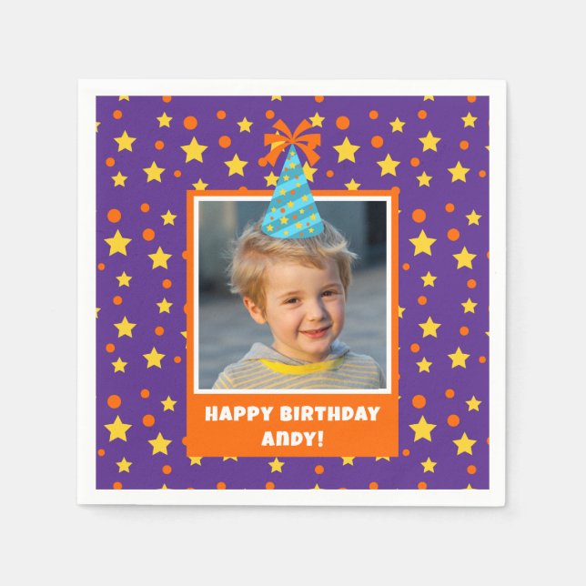 Personalisiert Kid Foto Happy Birthday w/ Blue Hat Serviette (Vorderseite)