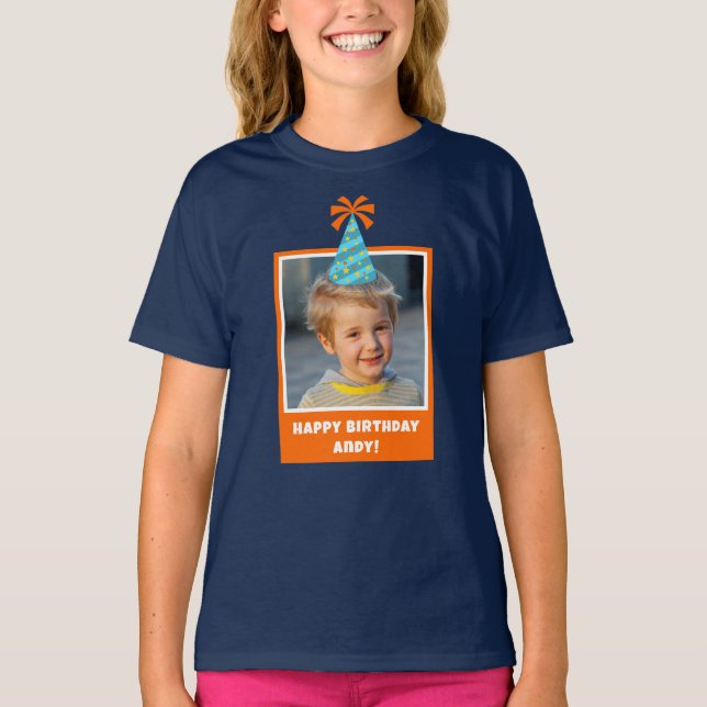 Personalisiert Kid Foto Happy Birthday w/ Blue Hat T-Shirt (Vorderseite)