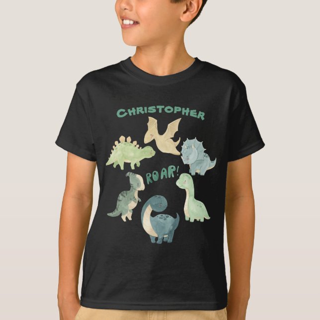 Personalisiert Kid's Dinosaurier Black T-Shirt (Vorderseite)