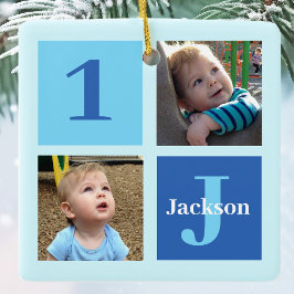 Personalisiert Kids Foto Collage Blue Christmas Keramikornament
