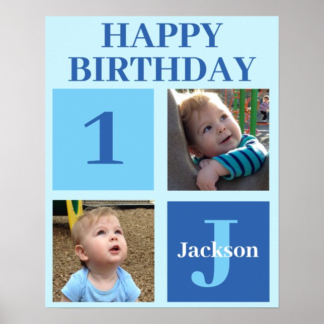 Personalisiert Kids Foto Niedlich Blue Birthday Pa Poster (Vorne)