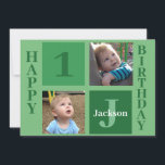 Personalisiert Kids Foto Niedlich Grünes Glück Geb Karte<br><div class="desc">Coole Geburtstagskarte für einen kleinen Jungen oder Kleinkind mit 2 Foto quadratischer Happy Geburtstagskarte. Feiern Sie den Geburtstag Ihres Kindes mit niedlichen Fotografien von ihnen auf dieser Karte mit lustigen grünen Quadraten. Geben Sie ihren Namen und ihr Alter ein.</div>