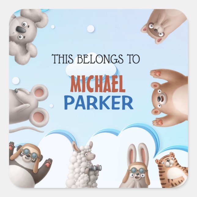 Personalisiert Kids Süße Tier Cartoon Quadratischer Aufkleber (Vorderseite)