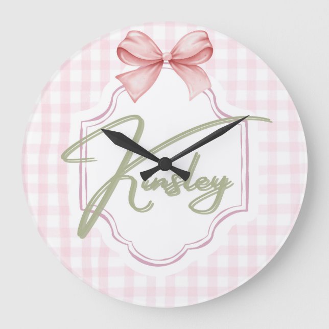 Personalisiert Kinsley Baby Girl Kinderzimmer Bow& Große Wanduhr (Vorderseite)