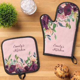 Personalisiert Kitchen Burgundy Pink Floral Ofenhandschuh & Topflappen-Set