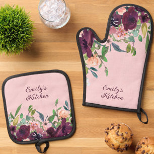 Personalisiert Kitchen Burgundy Pink Floral Ofenhandschuh & Topflappen-Set