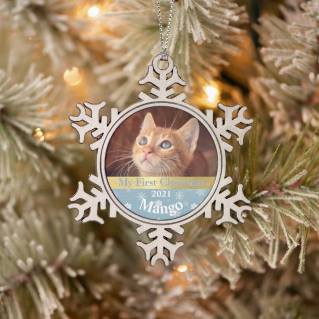 Personalisiert Kittens erstes Foto zu Weihnachten Schneeflocken Zinn-Ornament (Baum)