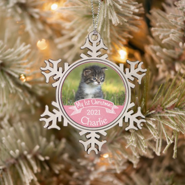 Personalisiert Kittens erstes Foto zu Weihnachten Schneeflocken Zinn-Ornament (Baum)