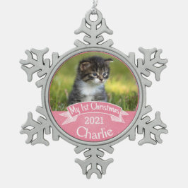 Personalisiert Kittens erstes Foto zu Weihnachten Schneeflocken Zinn-Ornament